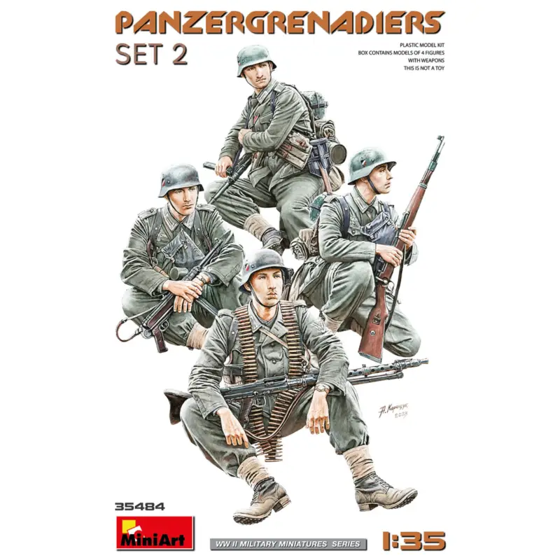 PANZERGRENADIERS SET 2 1:35 scale plastic model kit featuring four highly detailed WWII German infantry figures. This set is per Direct Beschikbaar