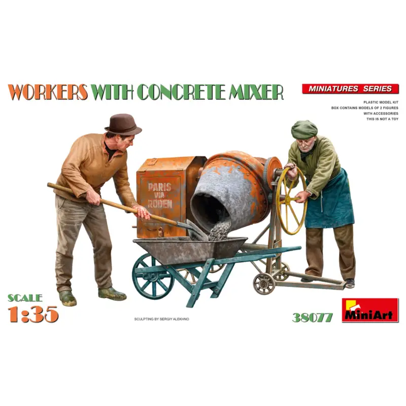 WORKERS WITH CONCRETE MIXERThis 1:35 scale plastic model kit features two figures operating a classic concrete mixer, complete w Voordeelprijs