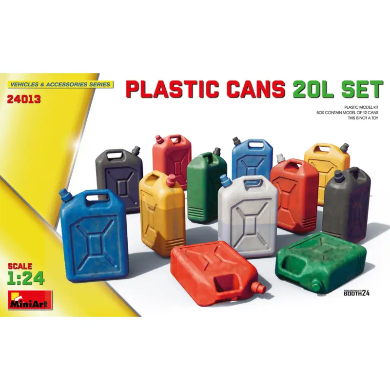 PLASTIC CANS 20L SETThis 1:24 scale plastic model kit features 12 highly detailed 20L plastic cans, ideal for accessorizing vehi Premium