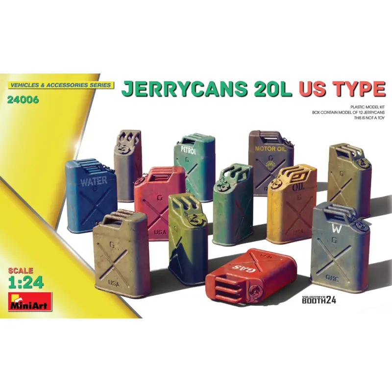 Koop Vandaag JERRYCANS 20L US TYPE1:24 scale plastic model kit features 12 Jerrycans used by the US during World War II. The set includes dif