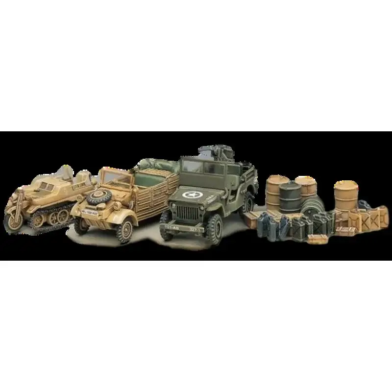 WWII vehicle set. Kubelwagen Kettenkrad Willys Jeep diorama base jerry cans crates. Speciale Aanbieding