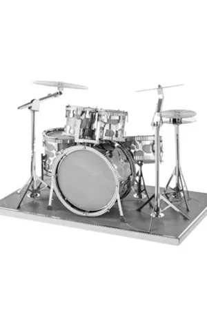 Must-Have MetalEarth Music: SET BATTERY 8.2x5.5x5.2cm, metalen 3D model met 2 vellen, op kaart 12x17cm, 14+