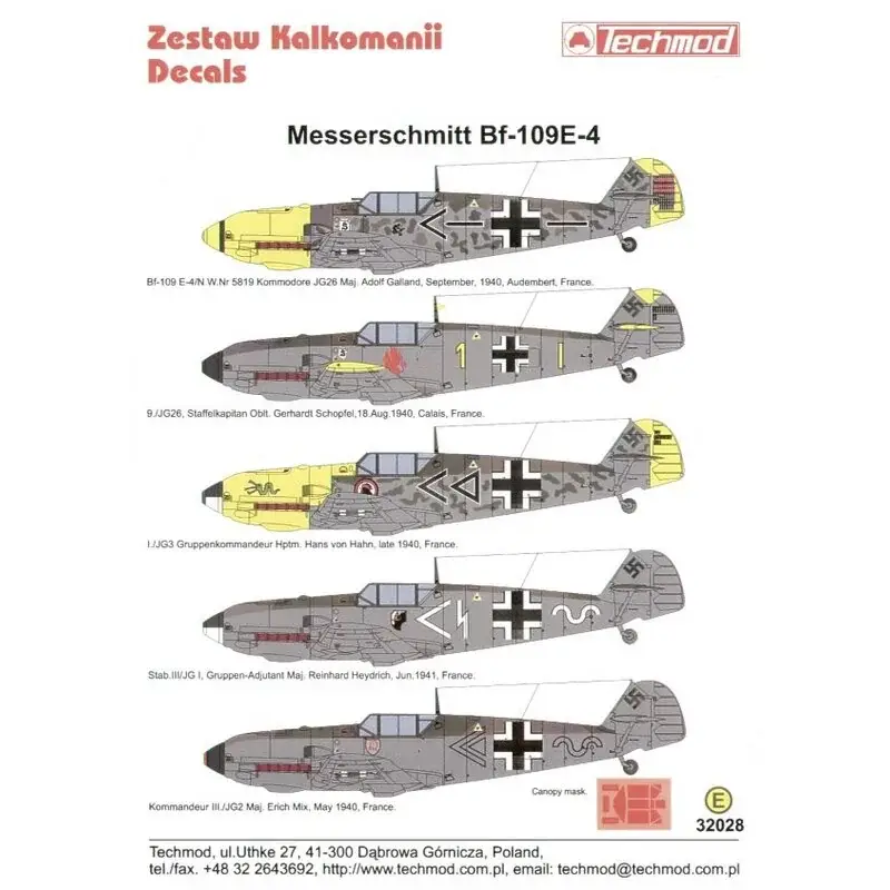 Actieprijs Sticker Messerschmitt Bf 109E-4 (5) Black <-+- JG 26 Maj Adolf Galland 9/1940 yellow nose and rudder; Yellow 1 9/JG 26 Oblt G