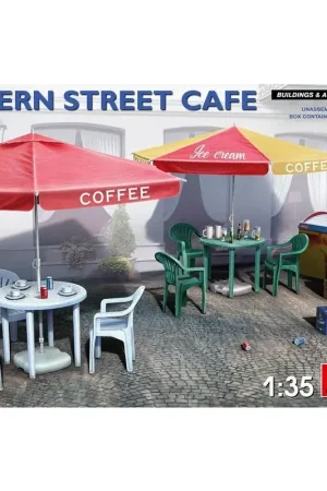 Lage Prijs MODERNE STRAAT CAFEKit bevat niet-geassembleerd plastic model van Cafe: 2 Straatparaplu's (3 lay-outs-opties) 2 Plastic tafels6