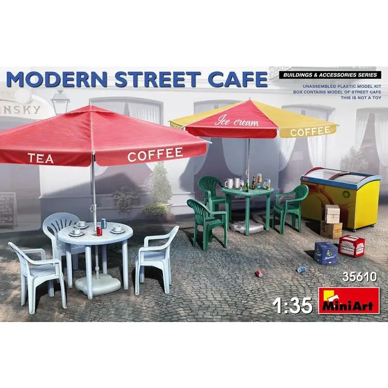 Lage Prijs MODERNE STRAAT CAFEKit bevat niet-geassembleerd plastic model van Cafe: 2 Straatparaplu's (3 lay-outs-opties) 2 Plastic tafels6