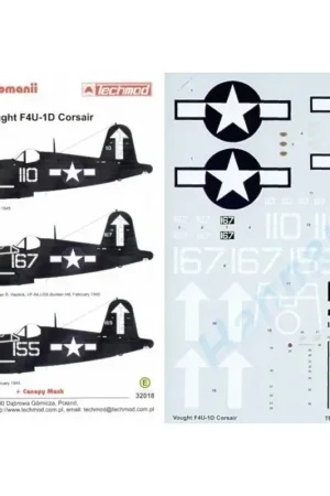 Sticker Vought F4U-1D Corsair (3) White 110 White 167 White 155. All VF-84 USS Bunker Hill 1945 with large white arrow on fin an Koop Vandaag