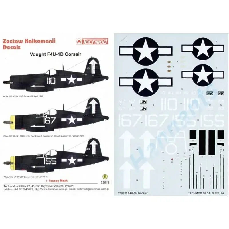 Sticker Vought F4U-1D Corsair (3) White 110 White 167 White 155. All VF-84 USS Bunker Hill 1945 with large white arrow on fin an Koop Vandaag