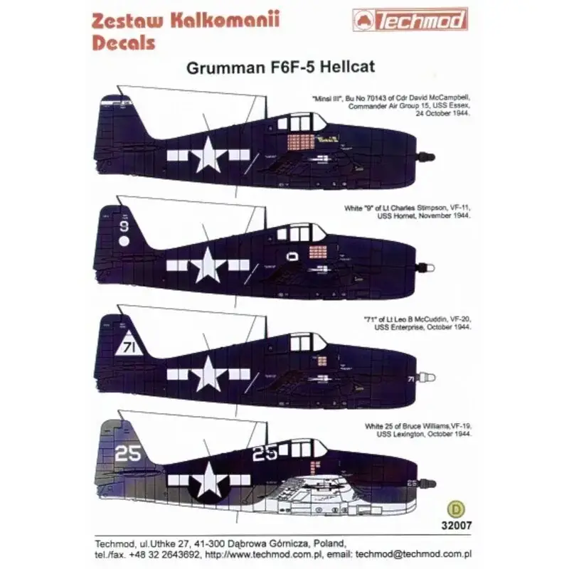 Sticker Grumman F6F-3 Hellcat (4) White 25 VF-19 Bruce Williams USS Lexington 3 tone camouflage Minzi III Cdr David McCampbell C Finale Uitverkoop