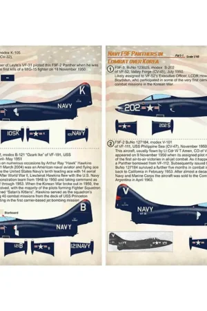 Tijdelijk Beschikbaar Sticker Navy Grumman F9F-2 / F9F-3 Panthers in Combat over Korea Part-1 / 48-159 / 1. F9F-3, BuNo 123025, modex S-202 of VF-52,