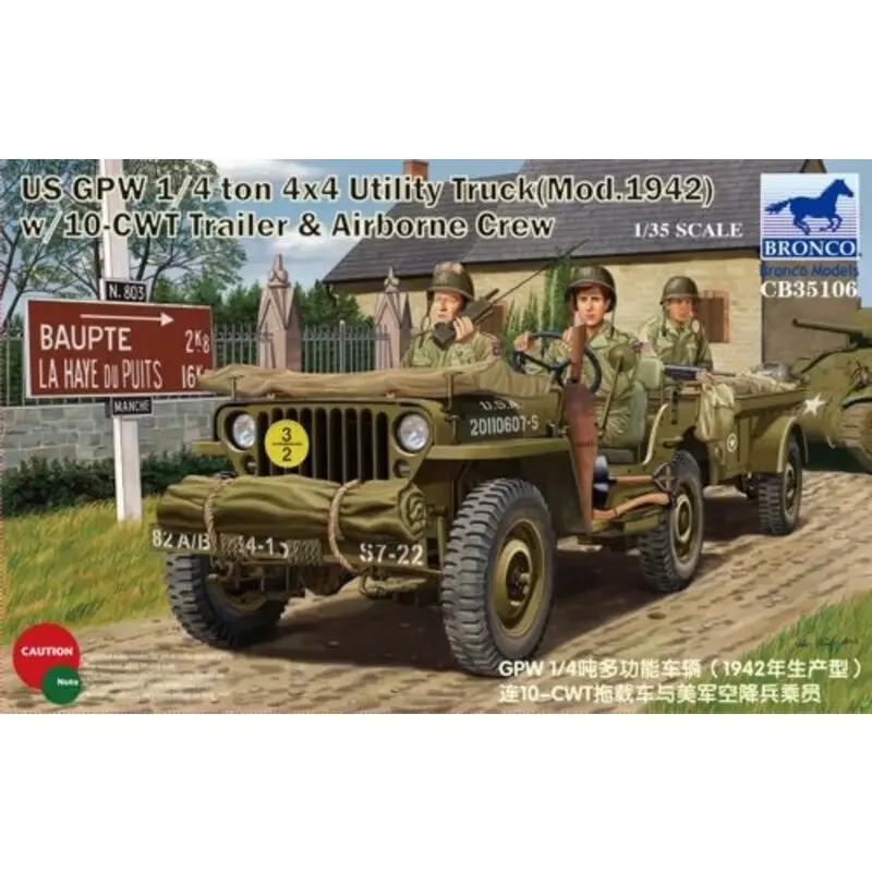 Hoge Kwaliteit US GPW 1/4ton 4x4 Utility Truck (Mod.1942) with 10-cwt Trailer & Airborne Crew Schaalmodel
