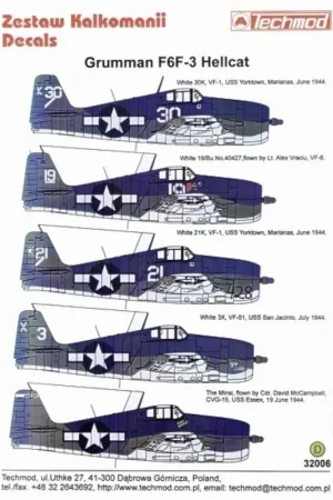 Sticker Grumman F6F-3 Hellcat (5) All three tone camouflage schemes with white code numbers. K30 VF-1 USS Yorktown No 19 VF-6 Lt Nu Kopen