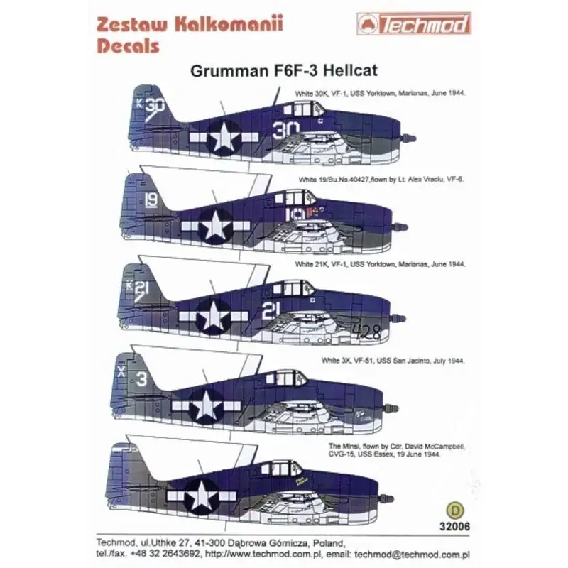 Sticker Grumman F6F-3 Hellcat (5) All three tone camouflage schemes with white code numbers. K30 VF-1 USS Yorktown No 19 VF-6 Lt Nu Kopen