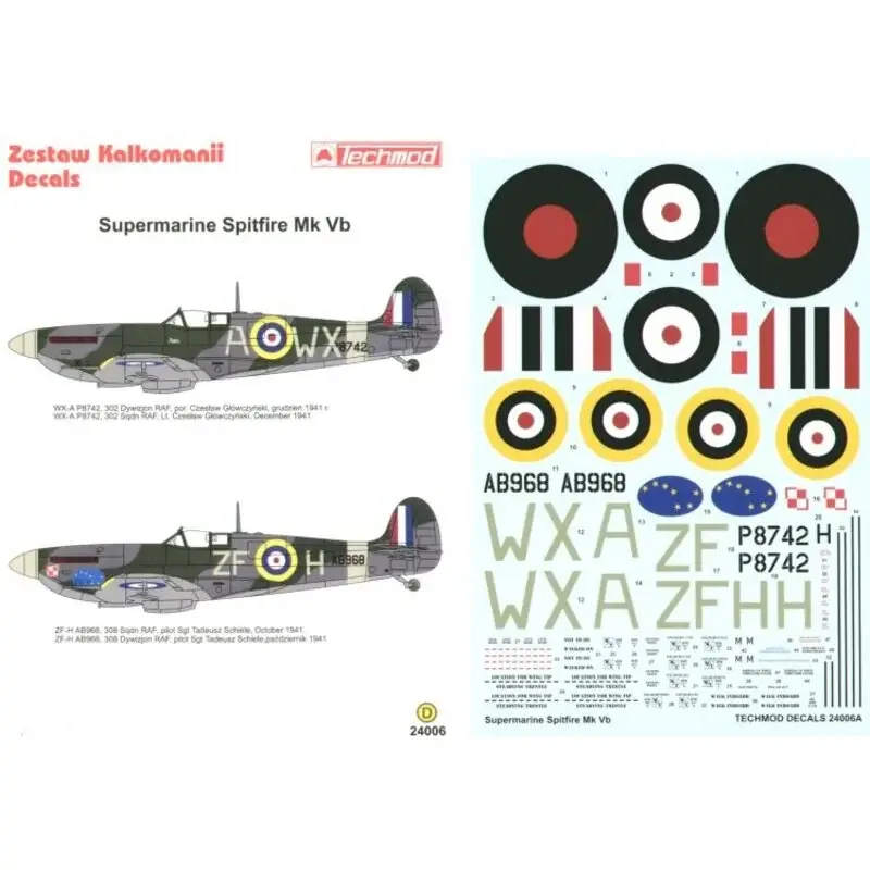 Sticker Supermarine Spitfire Mk.Vb (2) P8742 WX-A 302 (Czech) Squadron AB968 ZF-H 308 (Czech) Squadron Sgt Tadeusz. Both 1941 in Direct Beschikbaar