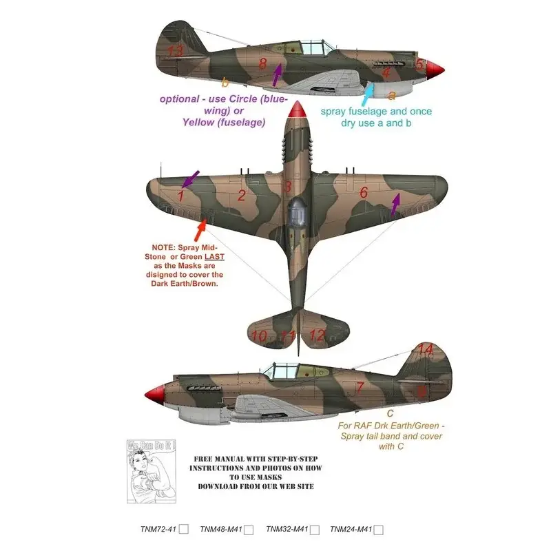 Op = Op Curtiss P-40B / P-40C Kittyhawk RAF / AVG Camouflagepatroonverfmasker (ontworpen voor gebruik met Airfix-kits)
