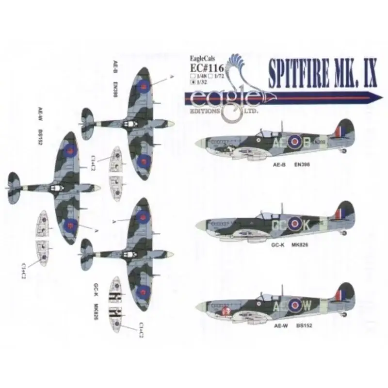 Express Levering Sticker Supermarine Spitfire Mk.IX (3) BS152 AE-W 402 Squadron RCAF S/L L.M.Cameron MK826 GC-K 412 Squadron RCAF W/C George Keef