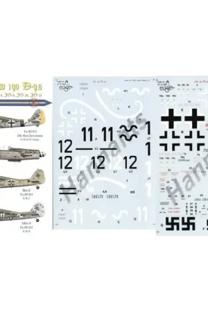 Sticker Focke Wulf Fw 190D-9 (4) Black 1 14/JG26 RLM 76/82/83 Black 11 JG4 RLM 75/76/83 Blue 12 II/JG6 RLM 76/82/83 White 11 13/ Nieuw
