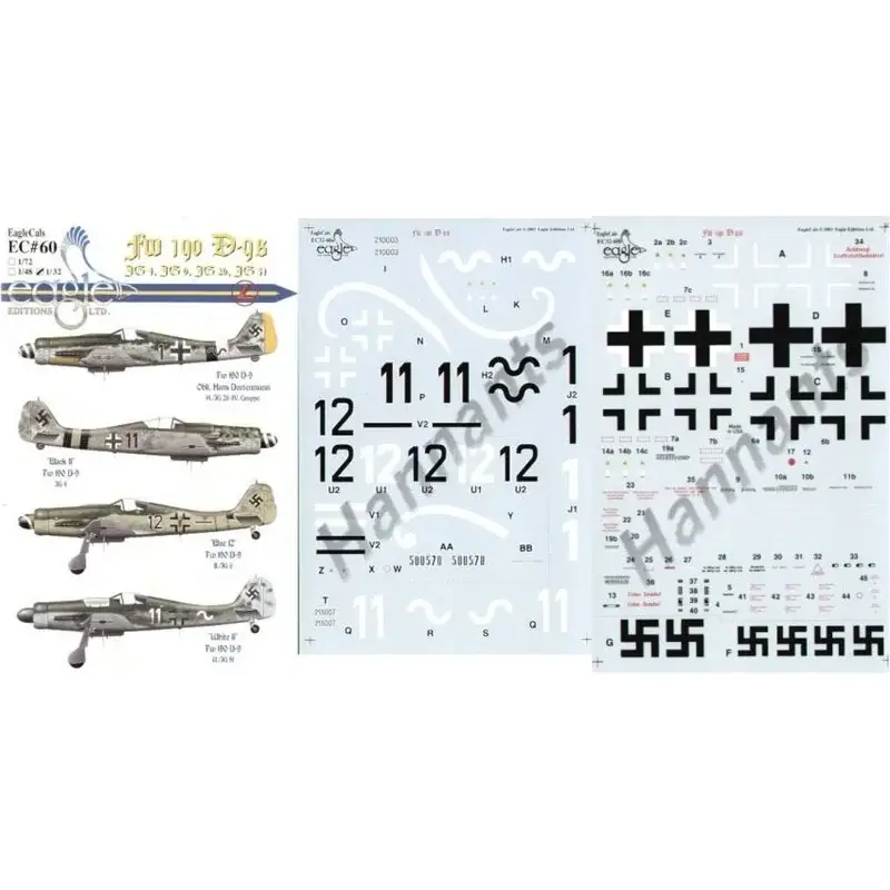 Sticker Focke Wulf Fw 190D-9 (4) Black 1 14/JG26 RLM 76/82/83 Black 11 JG4 RLM 75/76/83 Blue 12 II/JG6 RLM 76/82/83 White 11 13/ Nieuw