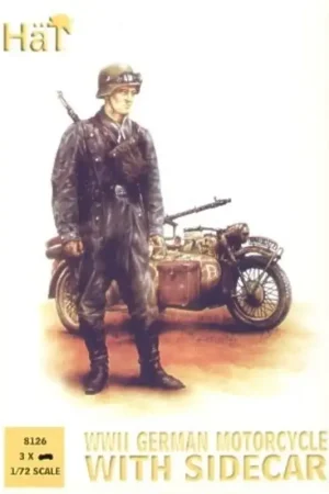 German Motorcycles with side cars WWII. 3 bikes 9 riders and 6 standing figures. (ex HAT99010) Flitsaanbieding