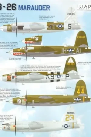 Sticker Martin B-26B Marauder (5) 296185 4T-S 56th BS Holland 1945 295867 IH-A1 1st Pathfinder Squadron with shark mouth 295894 Gecertificeerd