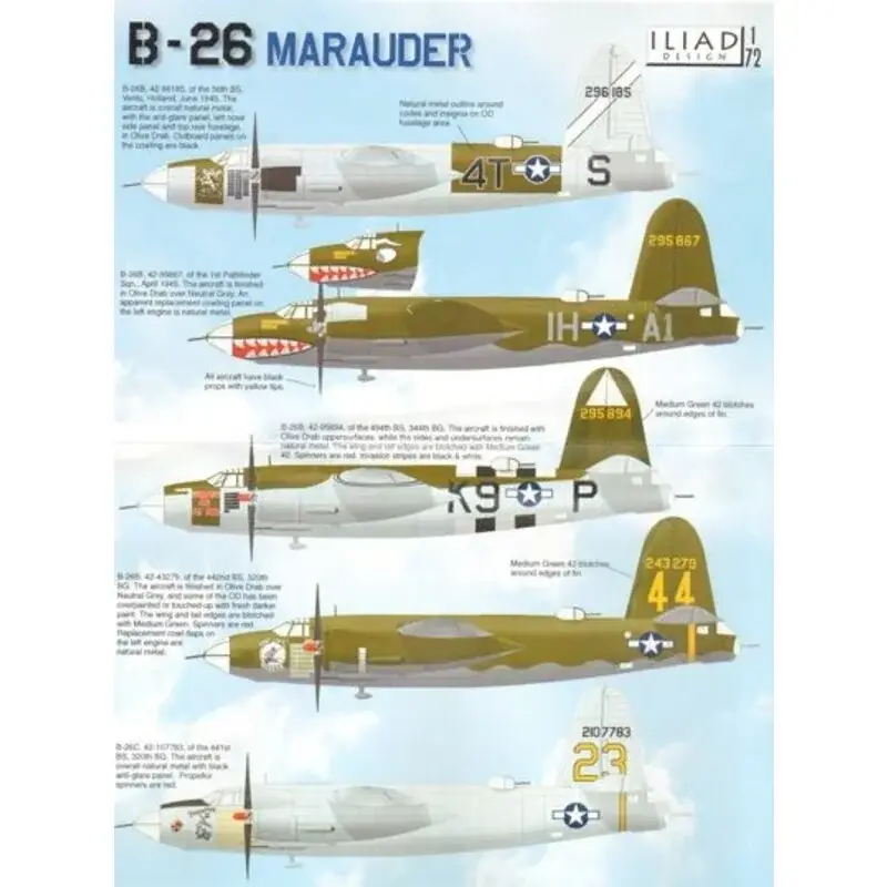 Sticker Martin B-26B Marauder (5) 296185 4T-S 56th BS Holland 1945 295867 IH-A1 1st Pathfinder Squadron with shark mouth 295894 Gecertificeerd