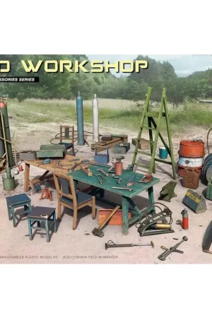 VELDWORKSHOP.Kit bevat modellen van: gasflessen, ladders, tafel, emmers, kar, aambeeld, balken, kriksteun en gereedschap Gratis Retour