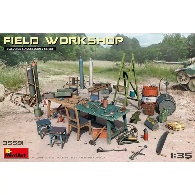 VELDWORKSHOP.Kit bevat modellen van: gasflessen, ladders, tafel, emmers, kar, aambeeld, balken, kriksteun en gereedschap Gratis Retour