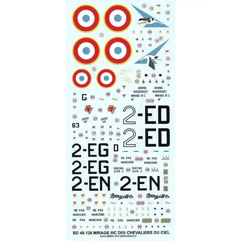 Beperkte Voorraad Sticker Dassault Mirage IIIC 'Knights of the Sky': 2-ED 'Cigognes' Dijon 1964, 2-EG 'Cigognes' Dijon 1967, 2-NL 'Cigognes' Dijon