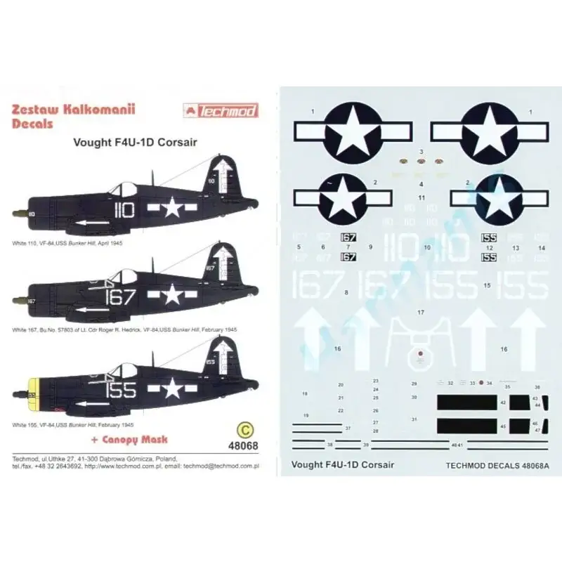 Sticker Vought F4U-1D Corsair (3) White 110 White 167 57803 White 155 All VF-84 Bunker Hill 1945 Hete Deal