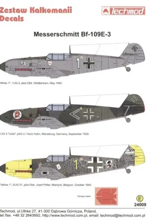 Sticker Messerschmitt Bf 109E-3 (3) White 1 1/JG 2 Oblt Otto Bertram May 1940; < 1/JG 3 Udet Lt Hans Hahn Sept 1939; Yellow 1 Express Levering
