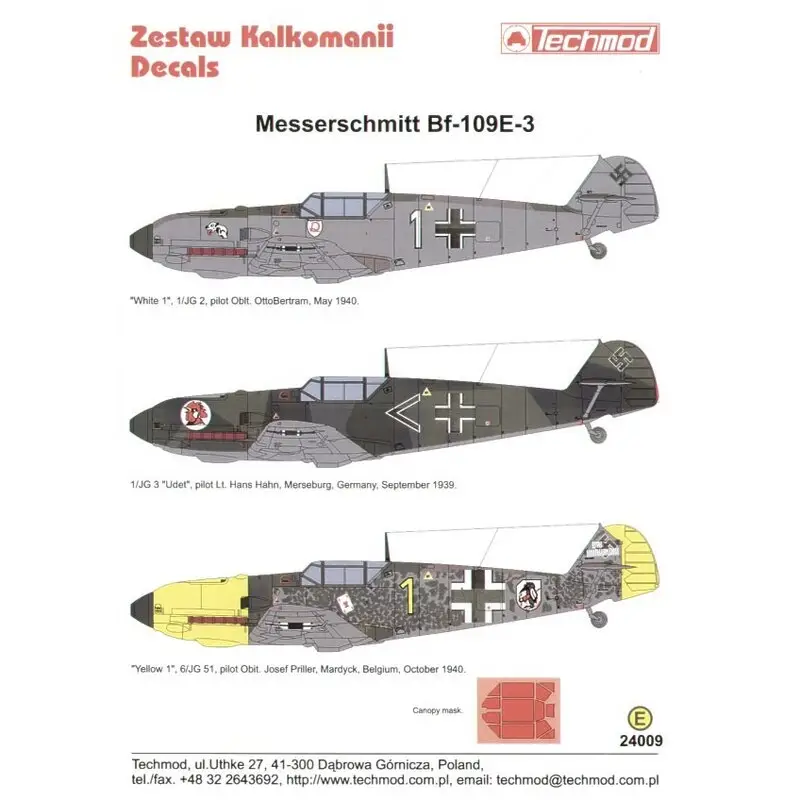 Sticker Messerschmitt Bf 109E-3 (3) White 1 1/JG 2 Oblt Otto Bertram May 1940; < 1/JG 3 Udet Lt Hans Hahn Sept 1939; Yellow 1 Express Levering