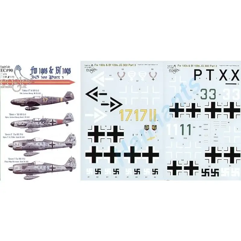 Sticker Messerschmitt Bf 109G and Focke-Wulf Fw 190A-6 (4) 109 Yellow 17 II/JG300 RLM 74/75 overpainted with`dark grey; - + St Gereduceerde Prijs