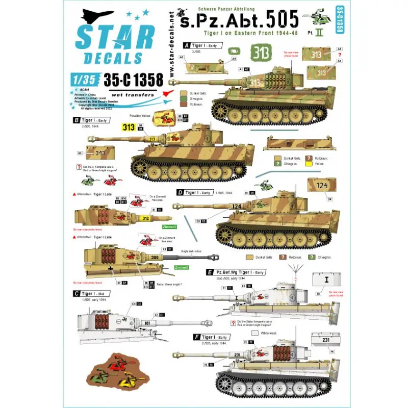 s.Pz.Abt. 505 1943-44. Tiger I aan het oostfront 1944-1945. Vroege en middenproductie Tiger I en Befehls-Tiger. Favoriet