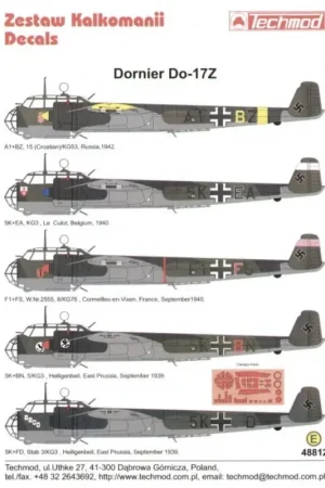 Sticker Dornier Do 17Z (5) A1+BZ 15(Croatian)/KG53 Russia 1942 5K+EA KG 3 Le Culor Belgium 1940 F1+FS 8/KG76 France 1940 5K+BN 5 Hete Deal