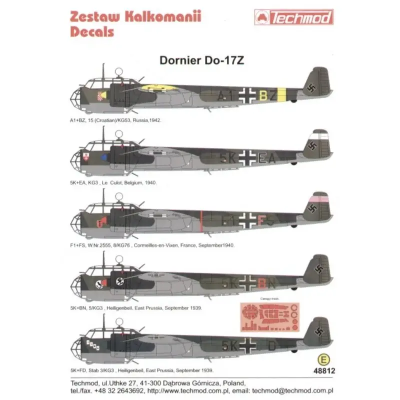 Sticker Dornier Do 17Z (5) A1+BZ 15(Croatian)/KG53 Russia 1942 5K+EA KG 3 Le Culor Belgium 1940 F1+FS 8/KG76 France 1940 5K+BN 5 Hete Deal