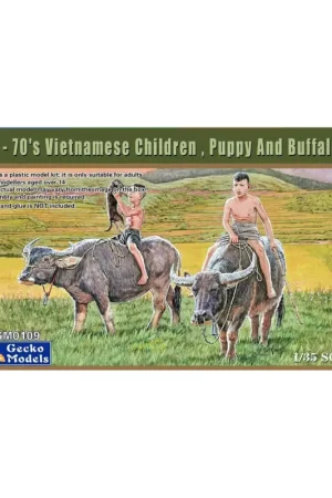 Koop Online Vietnamese children, puppy and buffalo set 60's - 70's