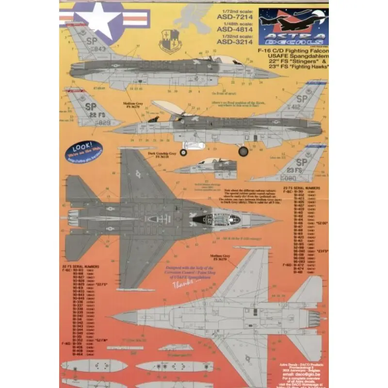 Sticker Lockheed Martin F-16C/Lockheed Martin F-16D Fighting Falcon USAFE Spangdahlem SP (3) 90-828 22FS Flagship 90-843 22FS li Finale Uitverkoop