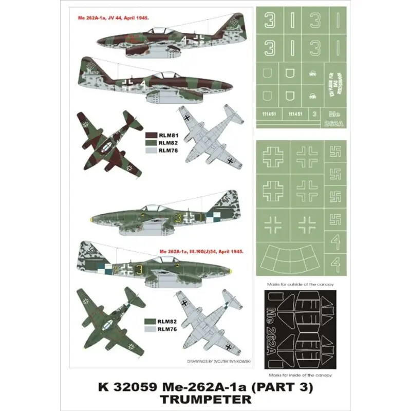 Messerschmitt Me 262A-1a 2 canopy mask (exterior and interior) + 2 insignia masks (designed to Be Farming with Trumpeter kits) Betrouwbaar