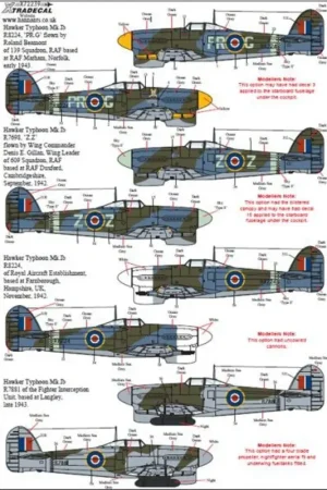 Sticker Hawker Typhoon Mk.Ib Car Door (11)R7855 PR-D 609 Sqn F/O R. A. Lallemant RAF Manston - R8697 SA-Z 486 Sqn RAF Kirton Express Levering