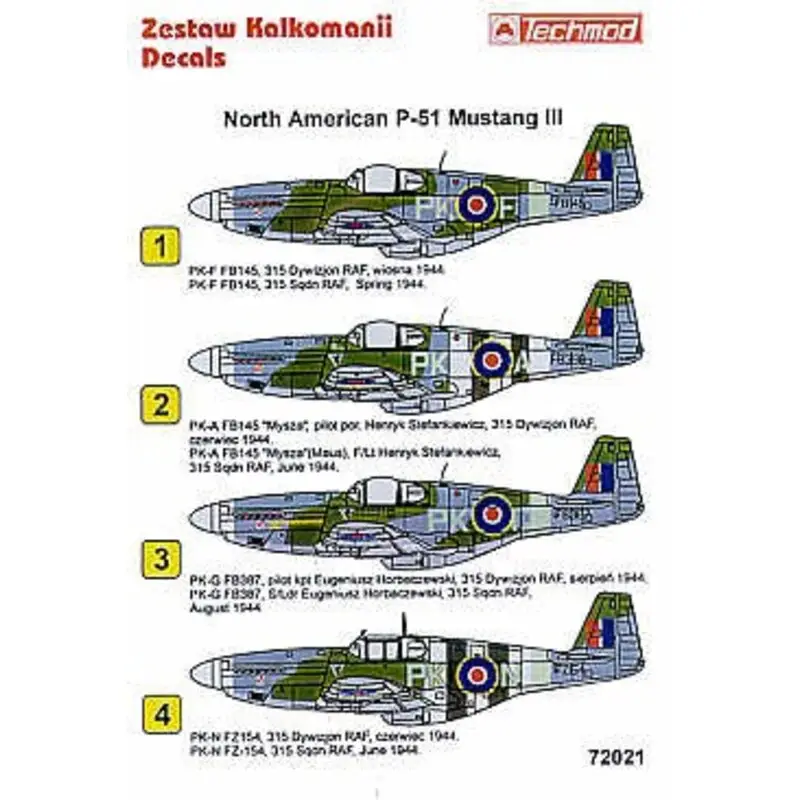 Beste Prijs Sticker North American P-51B Mustang III (4) 315 Polish Squadron 1944. FB398 PK-A FZ154 PK-N both with D-Day stripes FB145 PK-F