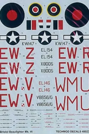 Sticker Bristol Beaufighter Mk.VIF (5) EL154 EW-Z X8005 EW-R both Dark green/mid sea grey camouflage EL146 EW-V overall black V8 Voordeelprijs