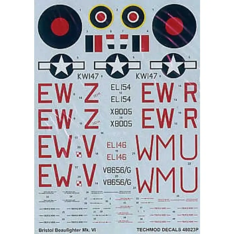 Sticker Bristol Beaufighter Mk.VIF (5) EL154 EW-Z X8005 EW-R both Dark green/mid sea grey camouflage EL146 EW-V overall black V8 Voordeelprijs