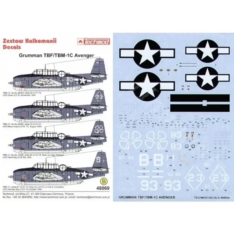 Sticker Grumman TBM-1C Avenger (4) 93 VT-15 USS Essex 23 VC-21 USS Macus Island 83 Shamrock VC-76 USS Petrof Bay B1 VC-10 Lt.Cdr Gecertificeerd
