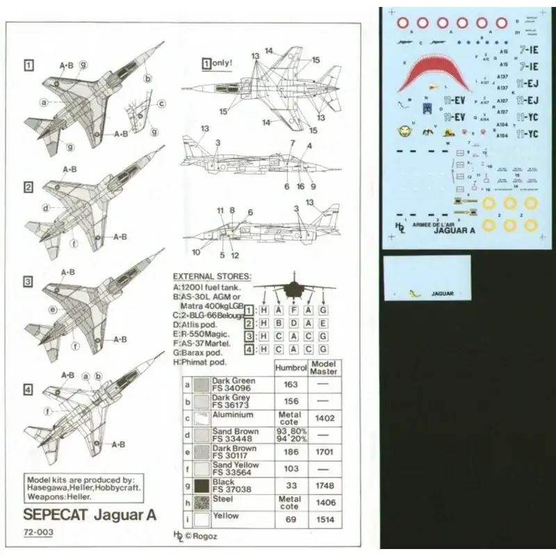 Merkproduct Sticker Sepecat Jaguar A (4) EC3/7 7-IE 1986 shark mouth EC1/11 11-EJ Desert Storm EC4/11 11-YC Chad 1984 EC1/11 11-EV 1984 Red