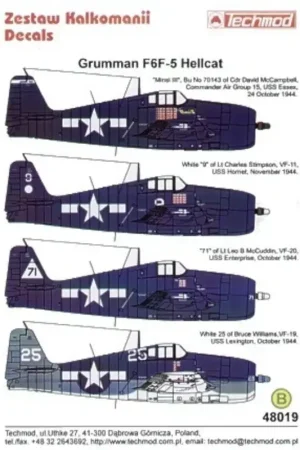 Sticker Grumman F6F-5 Hellcat (4) White 25 VF-19 Bruce Williams USS Lexington 1944 3 tone camouflage Minsi III Cdr McCampbell CA Favoriet