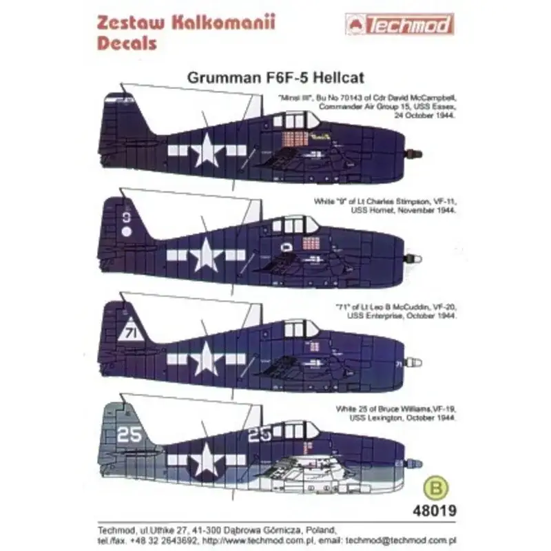 Sticker Grumman F6F-5 Hellcat (4) White 25 VF-19 Bruce Williams USS Lexington 1944 3 tone camouflage Minsi III Cdr McCampbell CA Favoriet