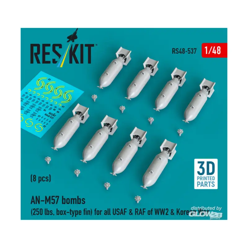 AN-M57 bombs (250 lbs, box-type end) for all USAF & RAF of WW2 & Korean War (8 pcs) (3D Printed) Laatste Kans