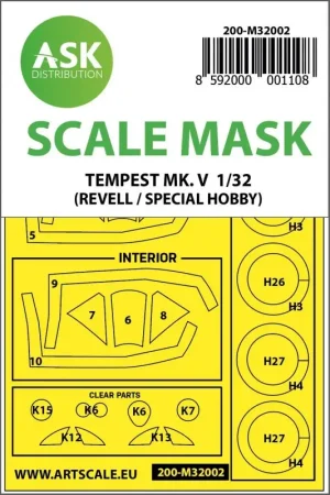 Gratis Retour Hawker Tempest Mk.V Kabuki-wielen en luifelmaskers (binnen en buiten) (ontworpen om te worden gebruikt met Revell en Special Hob