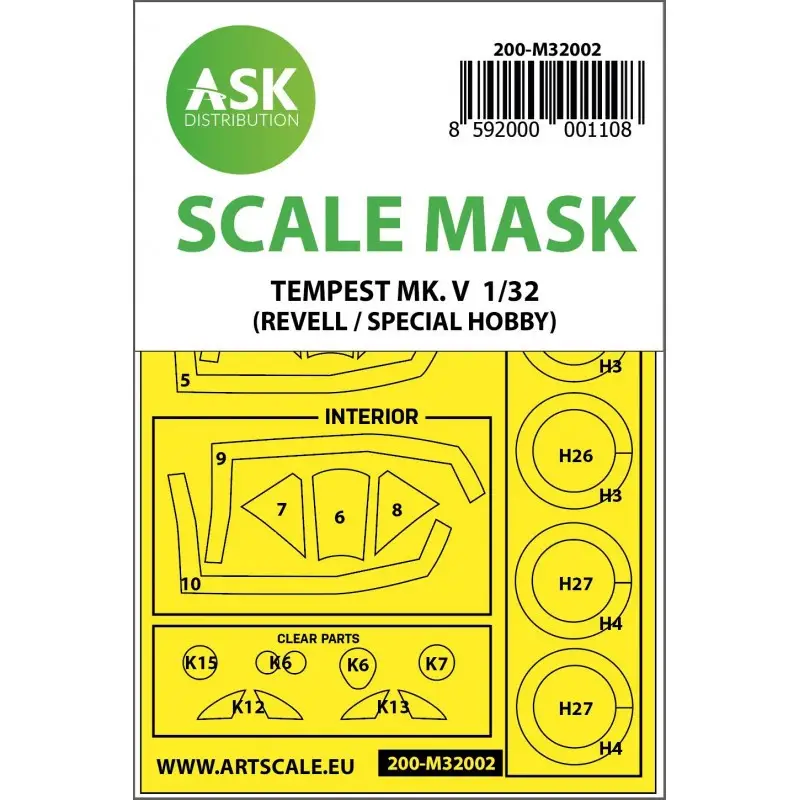 Gratis Retour Hawker Tempest Mk.V Kabuki-wielen en luifelmaskers (binnen en buiten) (ontworpen om te worden gebruikt met Revell en Special Hob