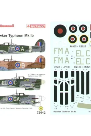 Flitsaanbieding Sticker Hawker Typhoon Mk.Ib (4) JP510 FM-A 257 Squadron S/L R.Fokes DN421 EL-C 187 Squadron Wing D-Day stripes R8781 SA-H 486 S