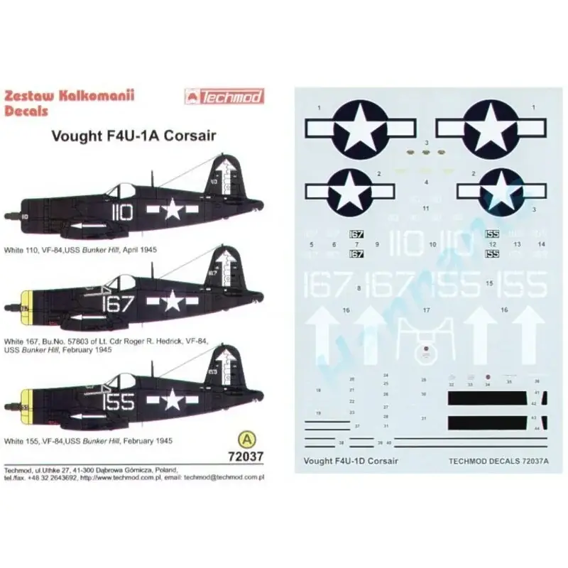 Sticker Vought F4U-1D Corsair (3) White 110 White 167 57803 White 155 All VF-84 Bunker Hill 1945 Gereduceerde Prijs